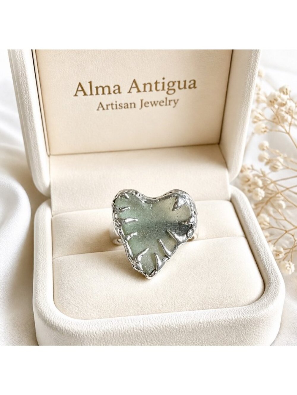 Heart-Shaped Sea Glass Ring - Upcycled Spoon Band Size 7.5 | Alma Antigua